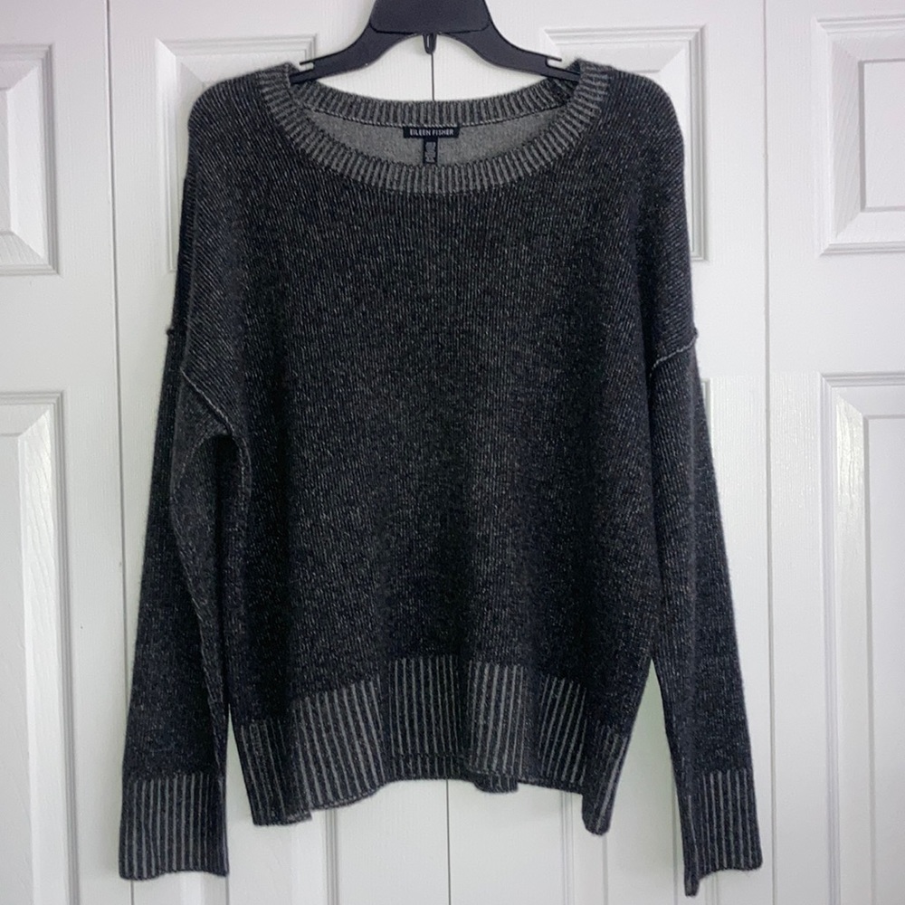 Eileen Fisher Cashmere Crew Neck Sweater Large Charcoal with light grey specks